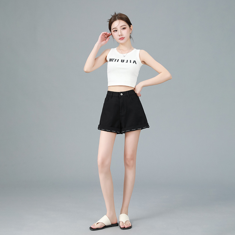 酷美派黑色简约卷边显瘦休闲五分裤女2025夏季薄款四面弹牛仔短裤