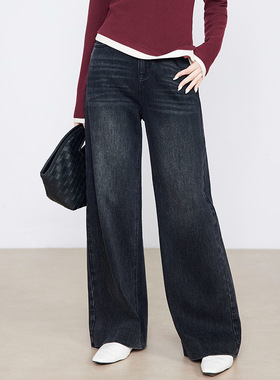 忆霏黑色宽松休闲阔腿裤女秋季新款高腰梨型身材显瘦直筒牛仔长裤