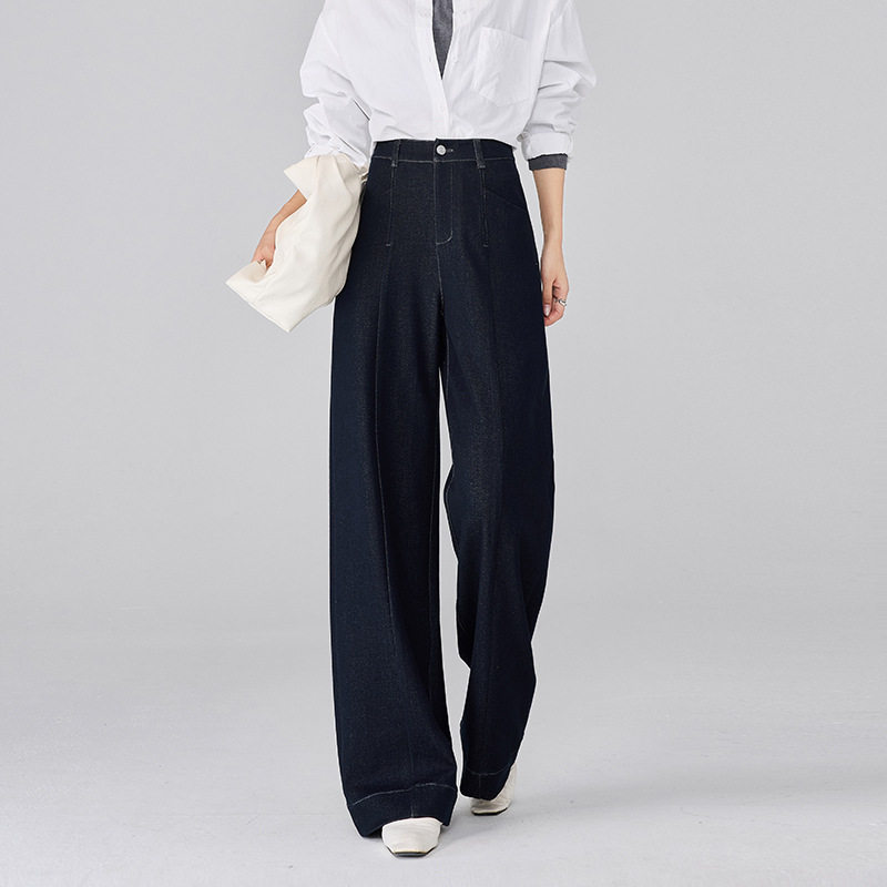 菲尔娅奇深蓝色高腰复古通勤休闲裤女2026春季新款宽松牛仔阔腿裤