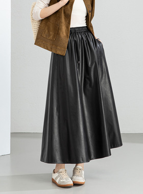 忆霏黑色长裙2026春季新款高腰pu皮百褶裙女显瘦大摆a字半身伞裙