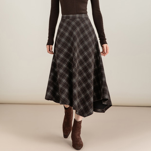 忆霏格纹毛呢半身裙女2025冬季 垂感a字半裙不规则格子裙长裙 新款