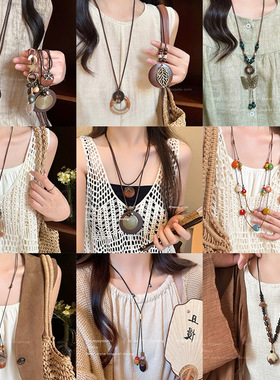 新中式褝意羽毛项链女复古波西米亚民族风叠戴长款毛衣链秋冬配饰