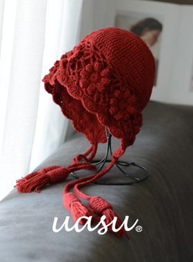 红色帽子~新款秋冬季女士手钩编织毛线帽新年针织帽本命年护耳帽