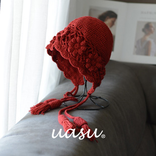 红色帽子~新款秋冬季女士手钩编织毛线帽新年针织帽本命年护耳帽