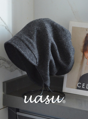 新款带沿堆堆帽显脸小羊毛混纺针织帽黑色秋冬女帽加绒护耳贝雷帽