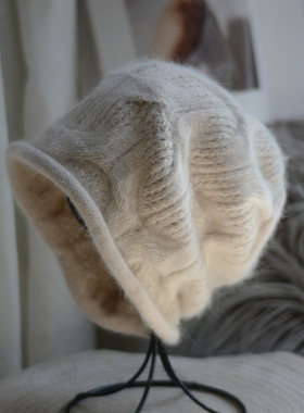 安可拉红！安哥拉兔绒秋冬绞花毛线帽卷边显脸小羊毛针织堆堆帽女