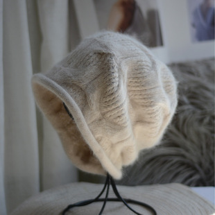 安可拉红!安哥拉兔绒秋冬绞花毛线帽卷边显脸小羊毛针织堆堆帽女