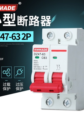 220V空气开关DZ47-63A家用自动断电2P63A热水器空调保护电闸总开