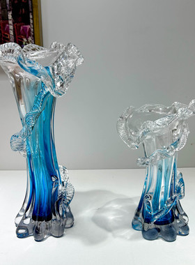 法式高级蓝色现代艺术玻璃花瓶小口水培插玫瑰百合花器茶餐厅装饰
