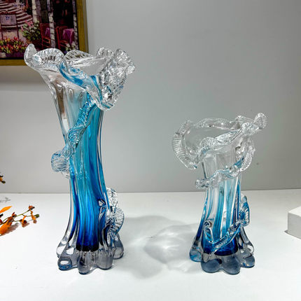 法式高级蓝色现代艺术玻璃花瓶小口水培插玫瑰百合花器茶餐厅装饰