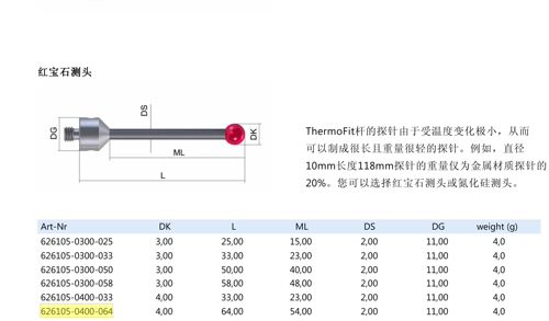 德国蔡司626105-0400-064 Zeiss蔡司三坐标测针M5螺纹 4.0×64长