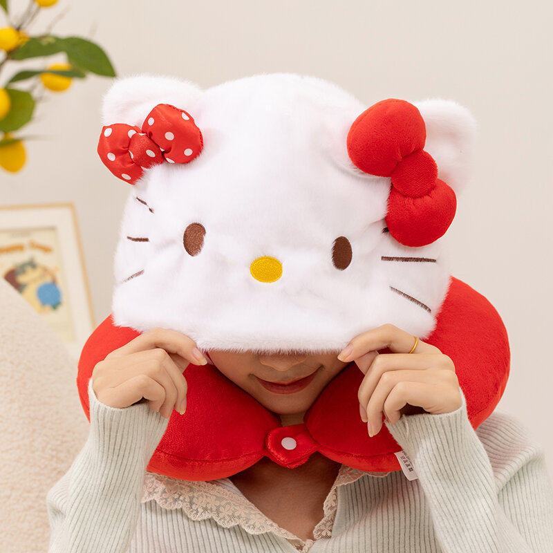 可爱草莓猫咪连帽U型枕旅行便携午休靠枕卡通带帽子遮光护颈u形枕