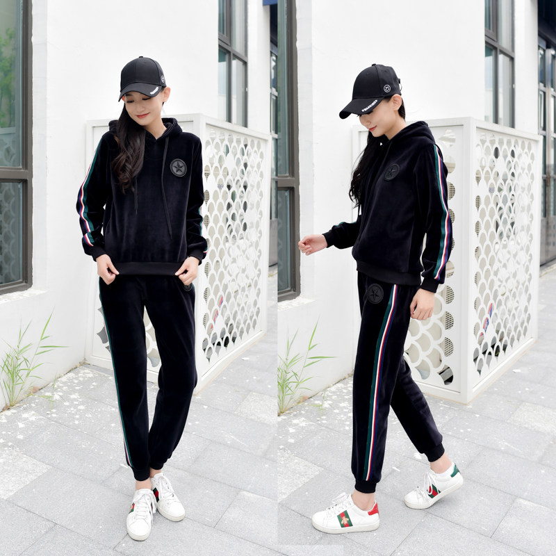 2018新款加绒加厚双面绒连帽卫衣休闲运动套装大码女冬装情侣装潮