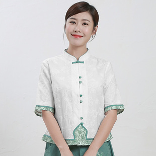 改良唐装 上衣立领盘扣复古女棉麻中国风上衣木棉对襟绣花肌理茶禅