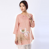 手绘荷花双层棉麻 七分袖 唐装 女复古风端庄大气中国风上衣改良时尚