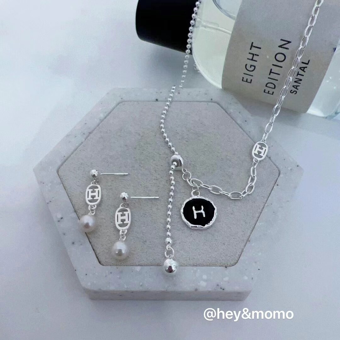 韩国东大门代购HEY新款925银H字母珍珠个性时尚银珠拼接项链套饰