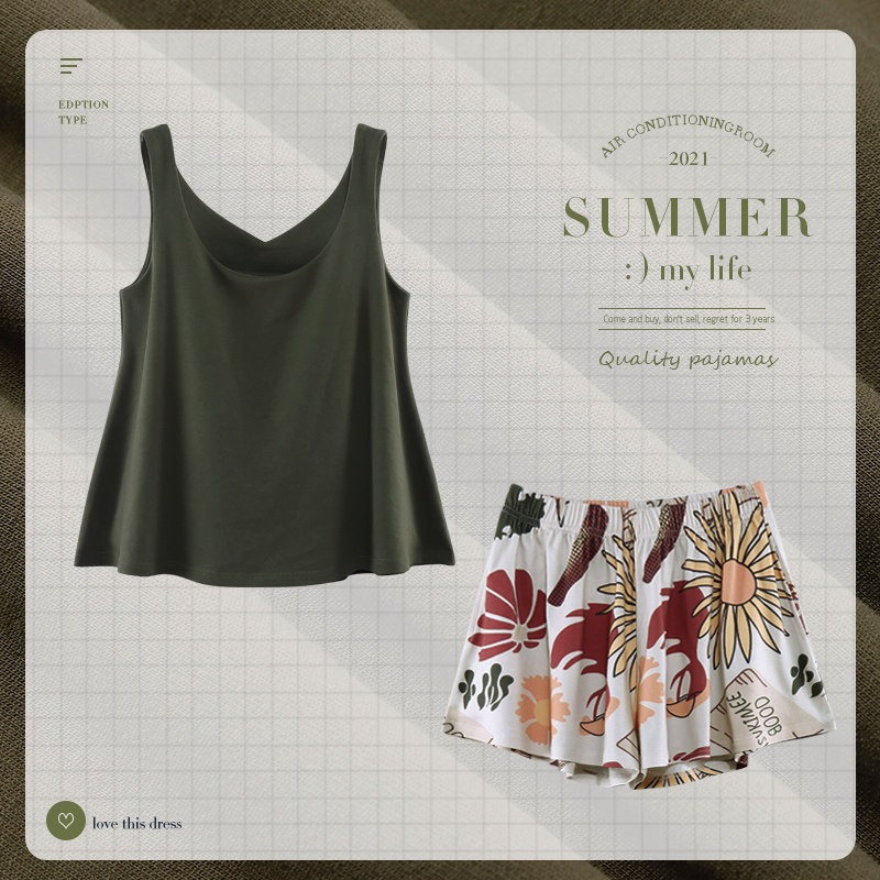 3背心睡衣套装女夏季纯棉大码V领女士无袖两件套家居服带胸垫带Bra