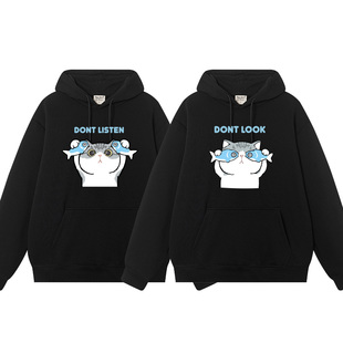 猫咪非礼勿视非礼勿闻不听不看卡通花猫连帽套头卫衣情侣装上衣服