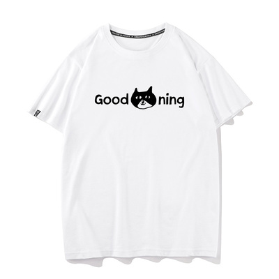 秀洛good morning圆领潮流上衣小黑猫纯棉短袖T恤男情侣装上衣服