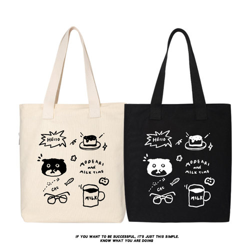 秀洛奶牛ins可爱简笔画铲猫猫帆布包单肩斜跨手提购物袋托特背包