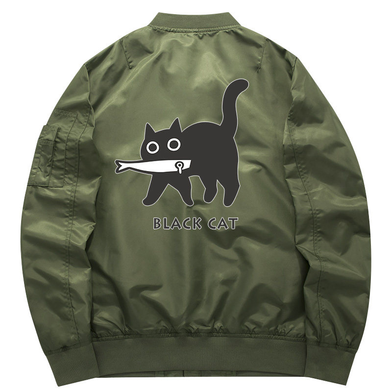 秀洛小猫钓鱼叼鱼黑猫秋冬加厚外套卫衣男加厚外套夹克飞行服衣服