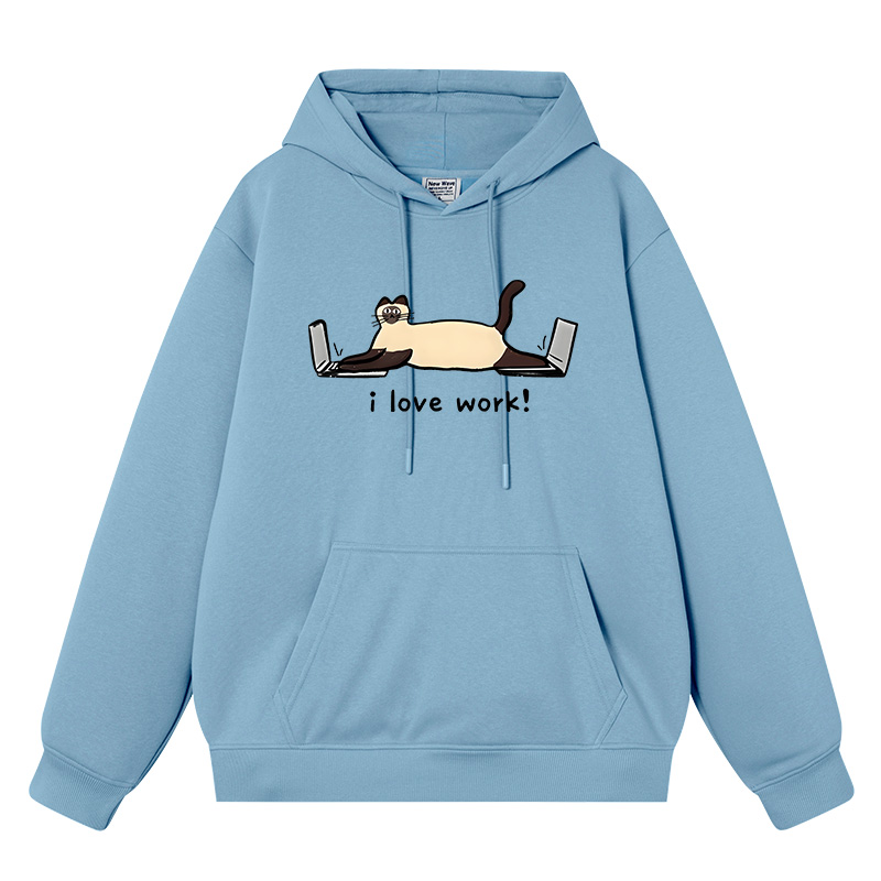 I LOVE WORK 打工工作猫秋冬情侣男士卫衣男款重磅连帽潮牌上衣服