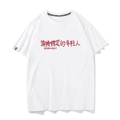 秀洛情绪稳定的年轻人趣味文字衣服小众设计宽松纯棉短袖T恤男