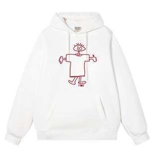 复古线条人秋冬男士加绒连帽卫衣宽松保暖上衣潮流百搭休闲套头衫