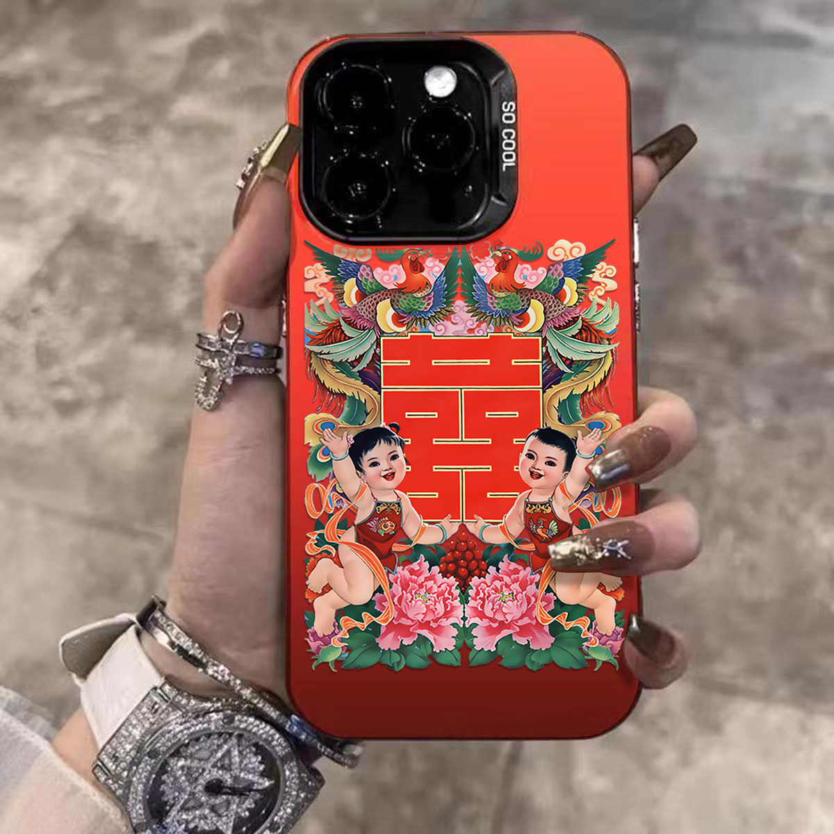 复古风适用苹果14promax手机壳结婚喜字iphone15plus/xxr/13mini红色彩银保护硬壳xr/se2大