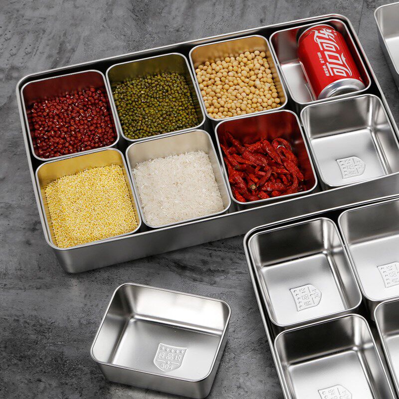 加厚不锈钢方形调料盒调味格4格6格8格调味盒日式味盒食堂留样盒