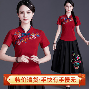 复古中国风绣花立领上衣 民族风女装 上衣刺绣短袖 纯棉t恤夏季 新款
