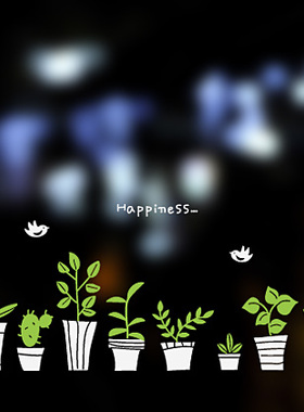 幸福的小花草 墙贴纸绿色小盆栽清新玻璃橱窗贴服装咖啡墙贴画xh