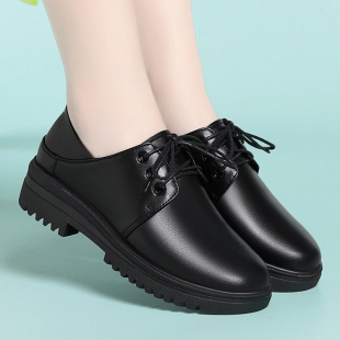黑色皮鞋女款真皮中跟单鞋粗跟深口通勤工作鞋中年妈妈软底跳舞鞋