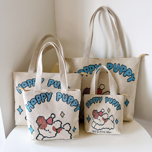 双面提花刺绣帆布手提包单肩包休闲文艺学生上班通勤包女包小包包