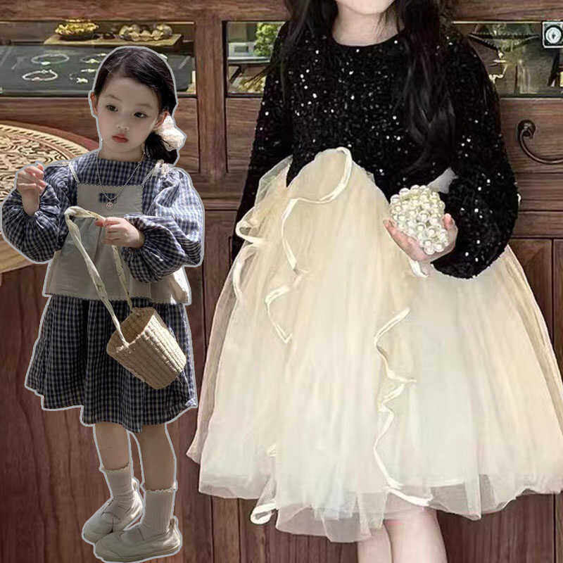 女童套装2026春秋新款田园风格子连衣裙甜美洋气吊带背心公主裙潮
