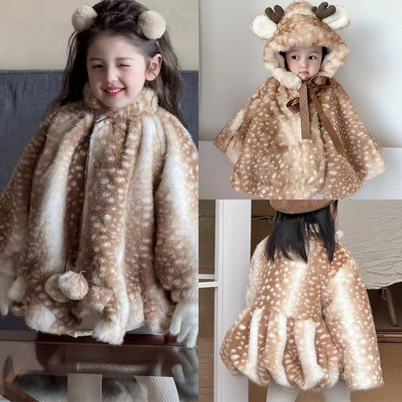 女童秋冬外套2026新款圣诞新年梅花鹿仿貂毛披风夹棉加厚斗篷大衣