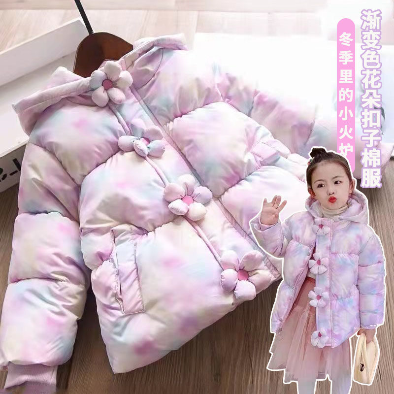 女宝宝花朵扣子连帽防寒棉袄冬装