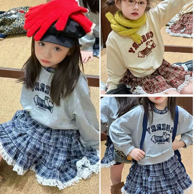 长袖T恤卫衣格子半身裙两件套