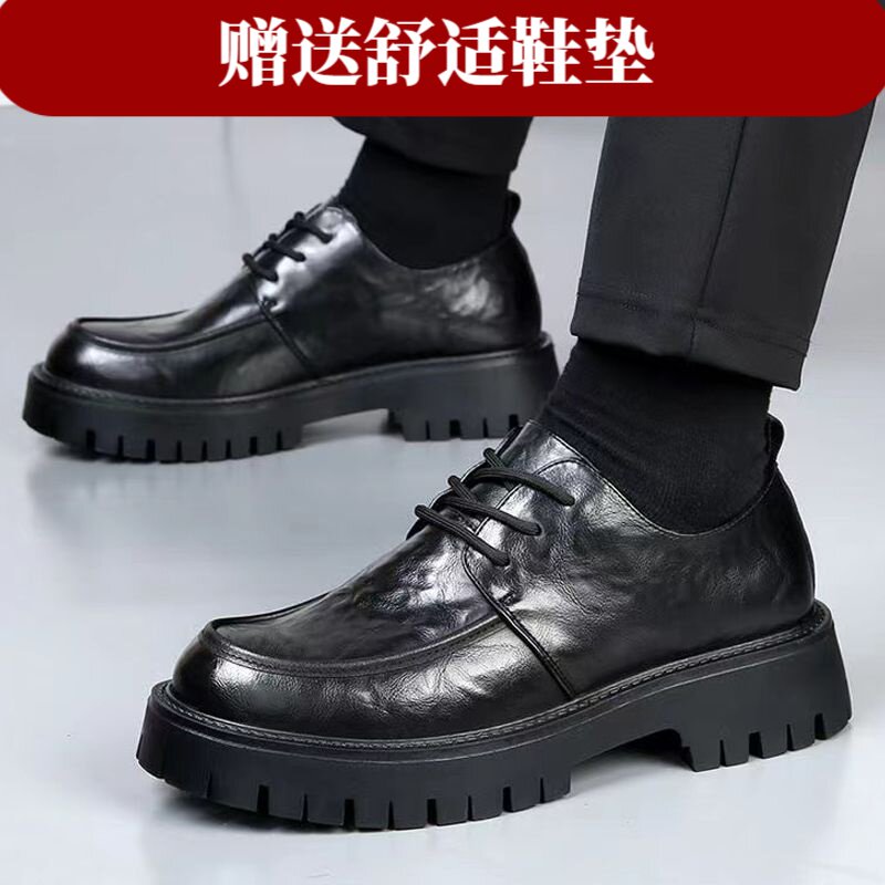 皮鞋男鞋新款大头工装鞋子男士休闲厚底增高潮流百搭软底英伦商务