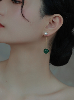 翠绿耳钉绿色玉髓耳环女经典中国风耳坠高级感耳饰优雅气质圆珠