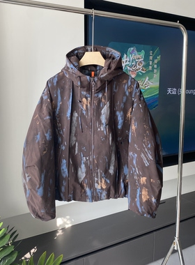 潮牌扩版青年油漆涂料印花冬季男保暖羽绒服连帽拉链短款90绒外套