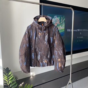 潮牌扩版青年油漆涂料印花冬季男保暖羽绒服连帽拉链短款90绒外套