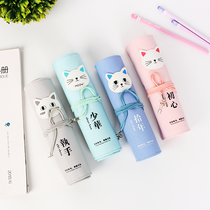 多省包邮帆布卷帘笔袋韩国简约男女小清新可爱猫卷笔袋文具盒彩铅笔袋