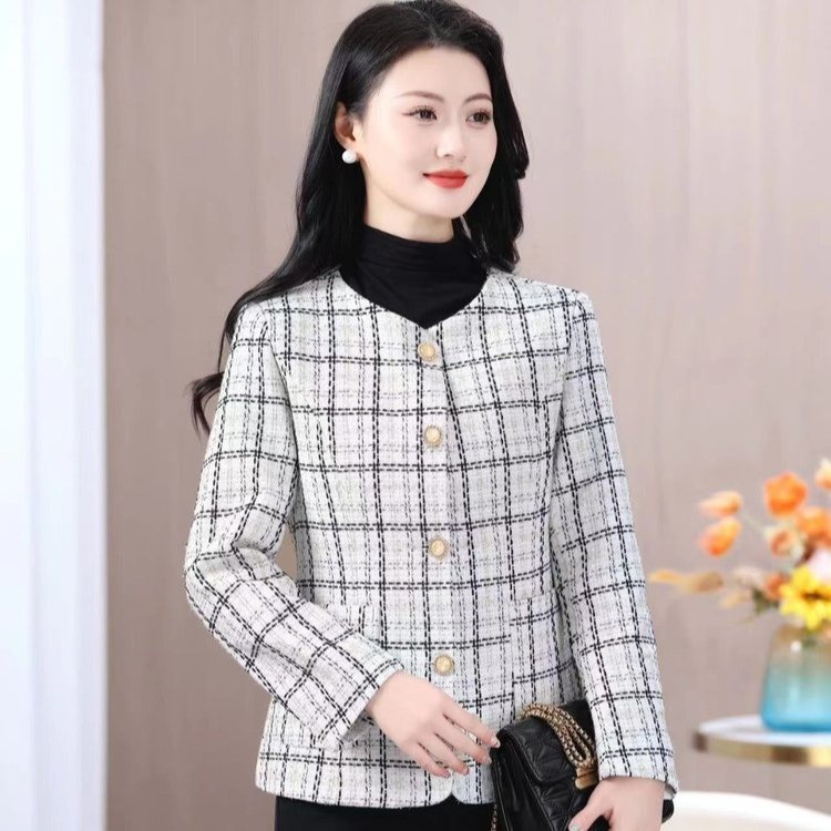 小香风格子圆领粗花呢短外套女