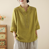 新款 2026新中式 夏季 上衣女宽松显瘦绿色小衫 棉麻刺绣V领五分袖