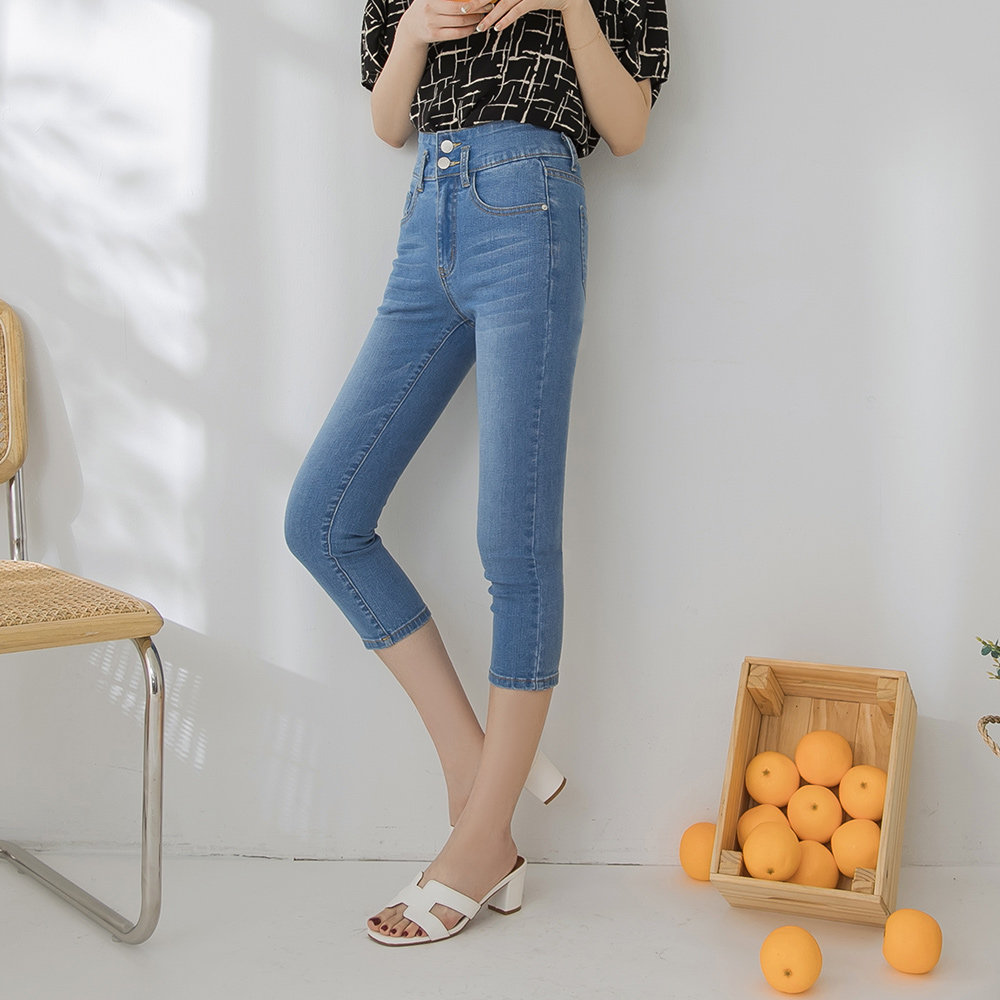 桔熊夏季七分牛仔裤子少女复古抓纹收腹高腰修身小脚裤大码ba5471