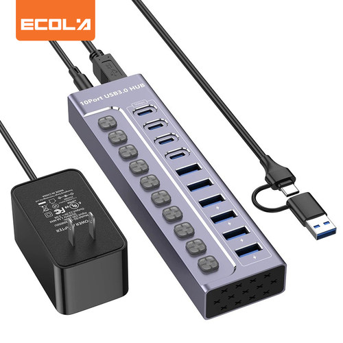 宜客莱（ECOLA）HUB-310-P USB3.0集线器拓展坞十口 5G高速数据传输多口扩展坞USB分线扩展器 带供电 1米