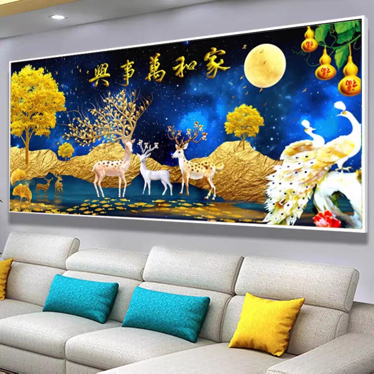 2026新款轻奢家用5D钻石画家和万事兴十字绣发财鹿孔雀图客厅大画