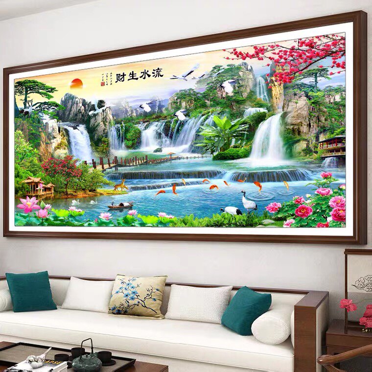 2026新款客厅高端轻奢家居钻石画满钻流水生财十字绣花草风景画