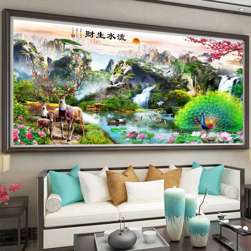 2026新款客厅卧室高端家用流水生财孔雀鹿钻石画十字绣风景山水画